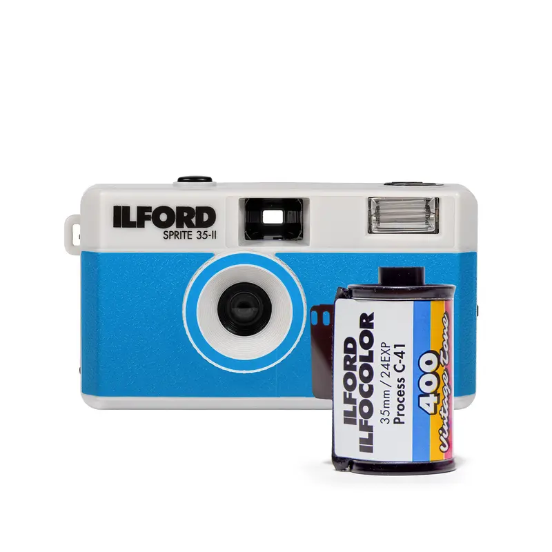 ILFORD SPRITE 35-II Kamera Gümüş & Mavi ve ILFORD ILFOCOLOR Vintage Tone 400 24 EXP 35 MM Film