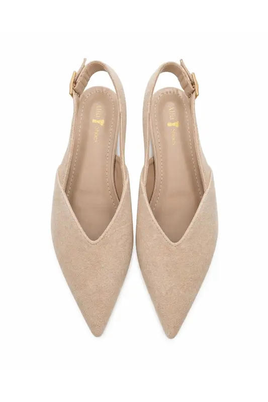 Kadın Bej Süet Topuklu Ayakkabı – Klasik Sivri Burun Slingback