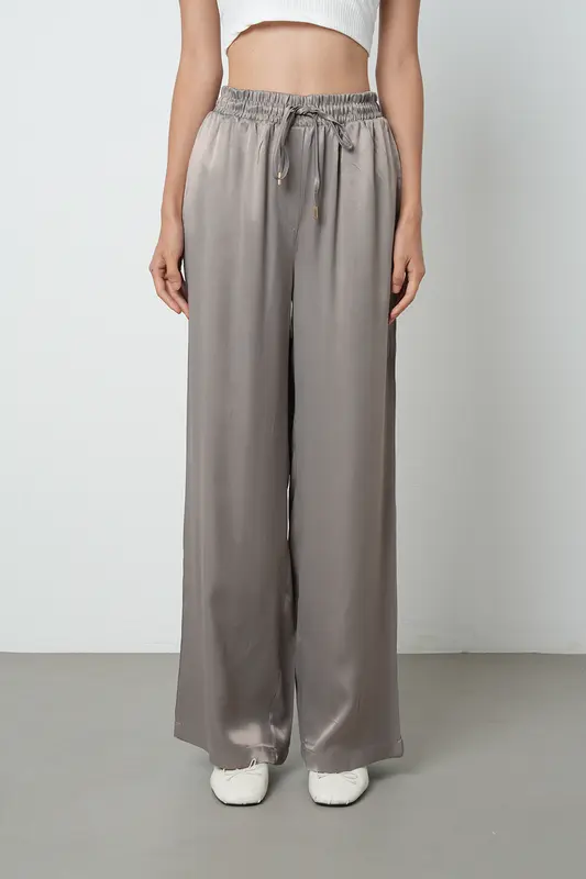 Kadın Beli Lastikli Bol Paça Düz Vizon Renk %100 Rayon Pantolon