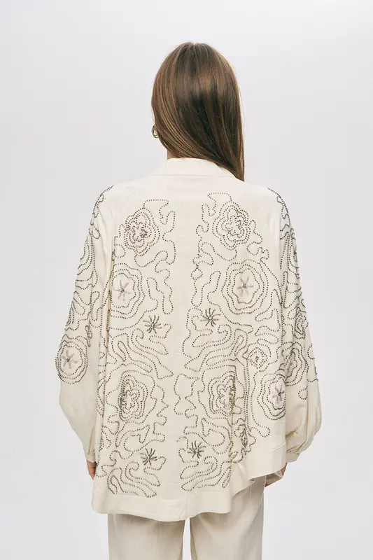 Kadın Etnik Nakışlı Viskon-Keten Oversize Kimono