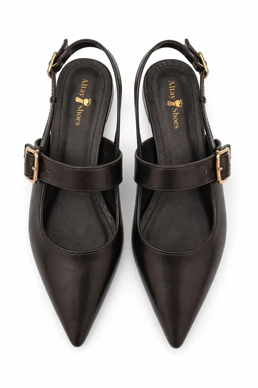 Kadın Siyah Tokalı Kısa Topuklu Ayakkabı – Sivri Burun Şık Slingback