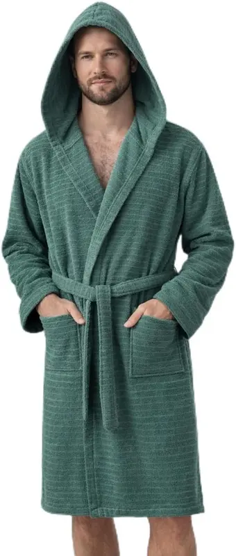 Kapüşonlu Bornoz Pamuk | Unisex | Yumuşak Dokulu | Cepli & Kemerli | S/M – 3XL | Ölçü Tablolu