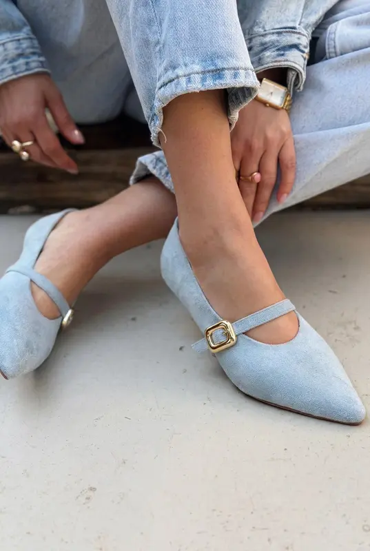 Karden Hakiki Deri Kadın Stiletto Bebek Mavisi Süet