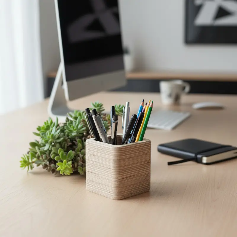 Kare Ahşap Kalemlik | Minimal Masa Düzenleyici, Ofis ve Çalışma Masası Organizeri