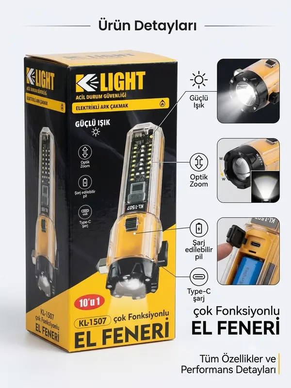 KL-1507 10'u 1 Arada Çok Fonksiyonlu Şarj Edilebilir El Feneri