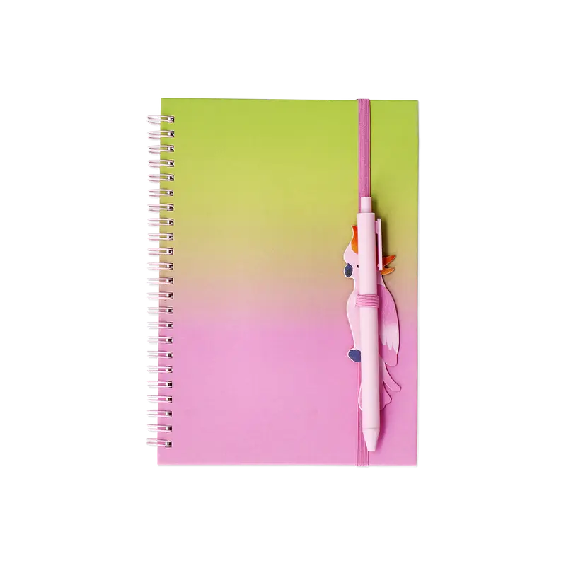 Kuş Detaylı Kalem Tutuculu Spiralli Pembe Defter