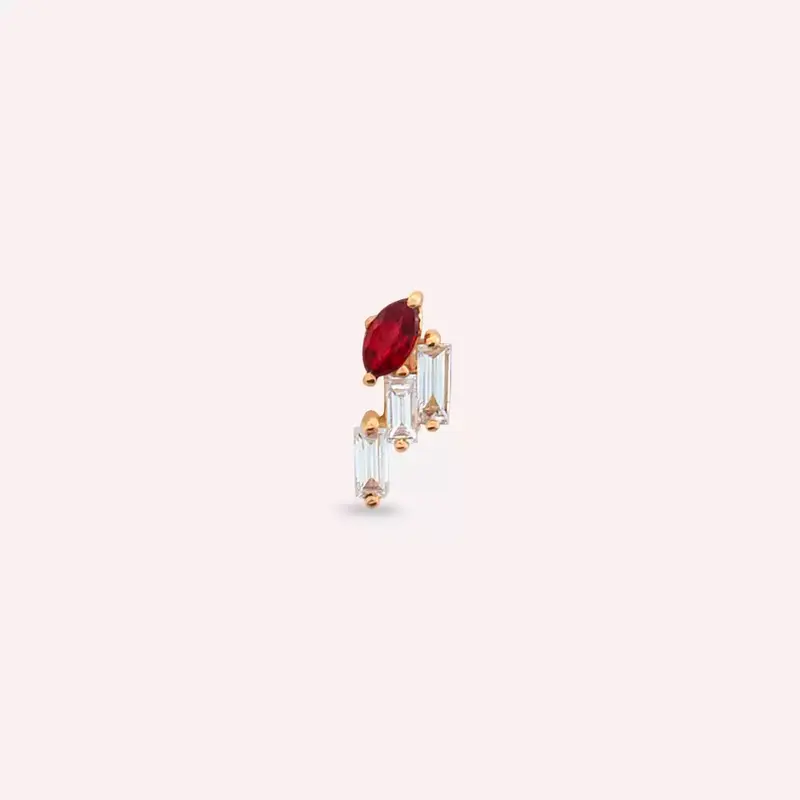 Lea Red Safir ve Baget Pırlanta Taşlı Rose Altın Tek Küpe