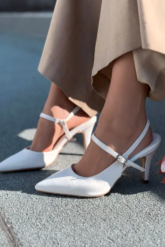 Lorent Beyaz Kırışık Deri Kadın Stiletto
