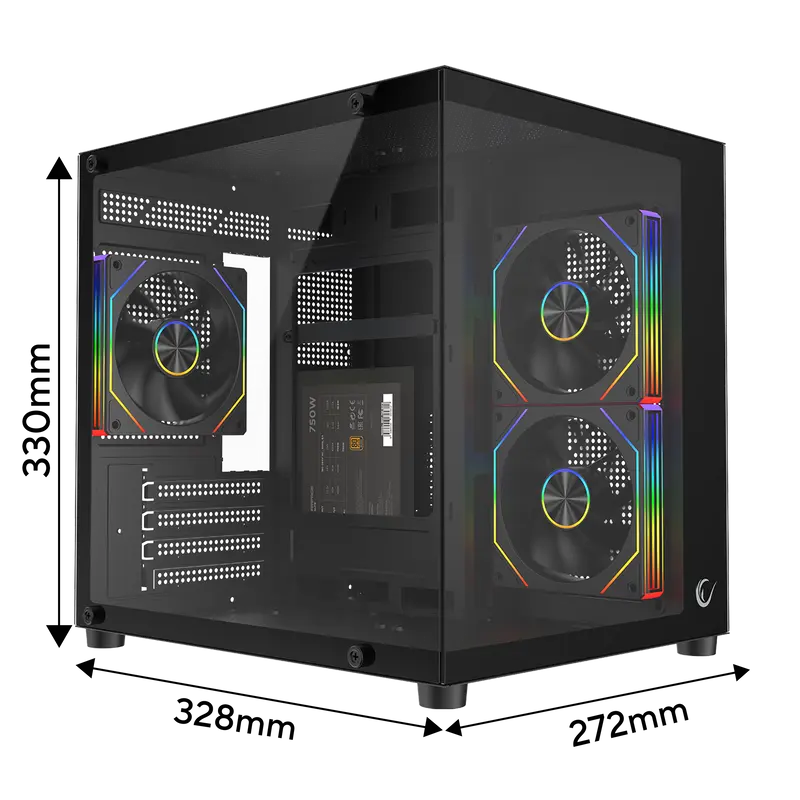 LUMID - 750W 80 Plus Bronze M-ATX Temperli Camlı 3*12cm ARGB Fan Siyah Oyuncu Kasası