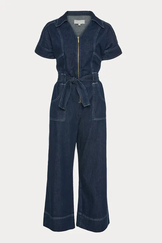Lynne Fermuarlı Kemerli Denim Tulum