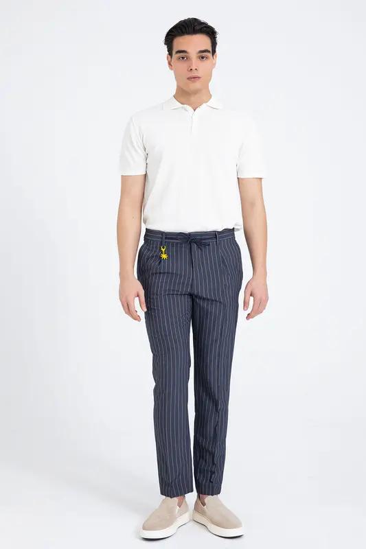 Manuel Ritz Slim Fit Beli Lastikli Tek Pile Yandan Cepli Çizgili Pantolon