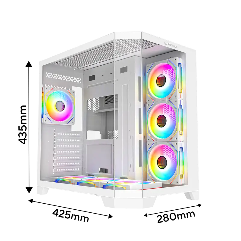 MEGA V1 - 850W 80 Plus Bronze 3 Taraf Temp. Camlı 7x12cm ARGB Fan+Kumanda Beyaz Oyuncu Kasası