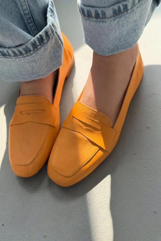 Melniel Turuncu Hakiki Deri Kadın Loafer