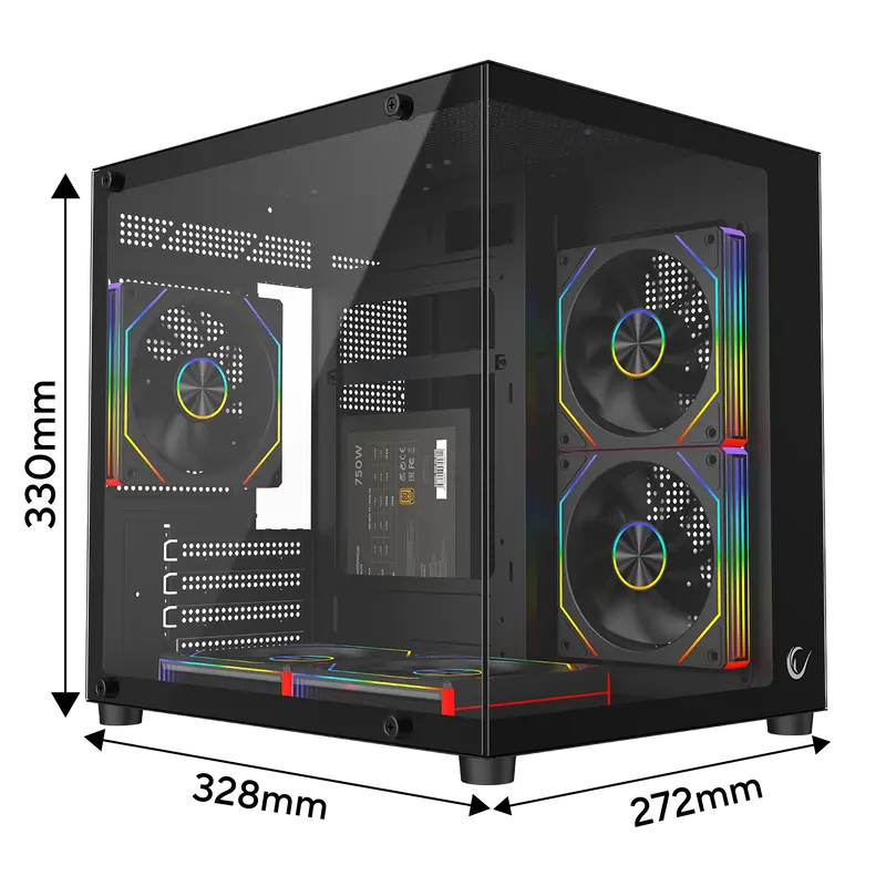 MINID V1 - 750W 80 Plus Bronze M-ATX Temperli Camlı 5*12cm ARGB Fan Siyah Oyuncu Kasası