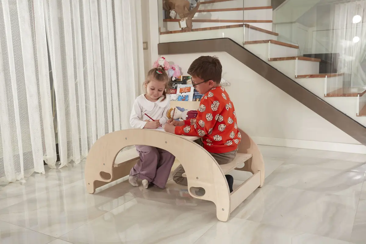 Montessori Ahşap Tahterevalli ve Masa-Sandalye Seti | Kayın Kontrplak Çocuk Oyuncağı