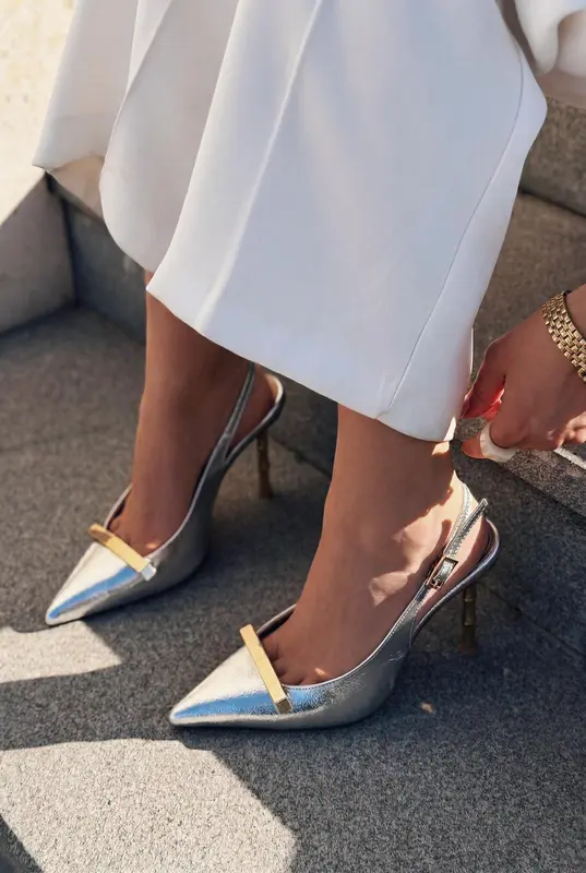 Norloven Gümüş Parlak Deri Kadın Stiletto