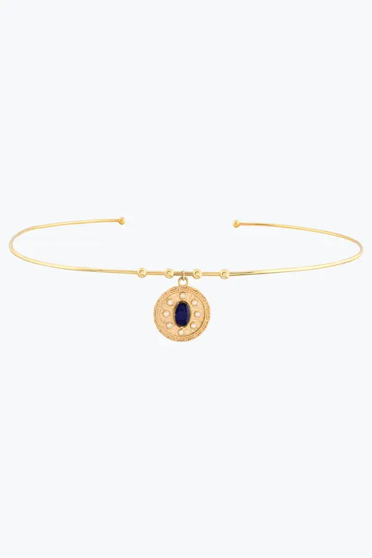 Oval Lacivert Taşlı Madalyon Uç Tel Choker