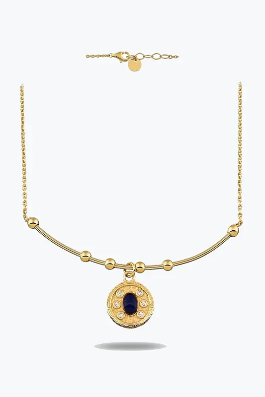 Oval Lacivert Taşlı Madalyon Uç Tel Kolye