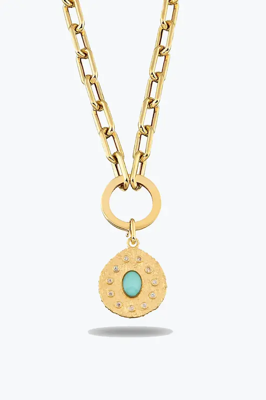 Oval Mavi Taşlı Asimetrik Madalyon Charm Kolye