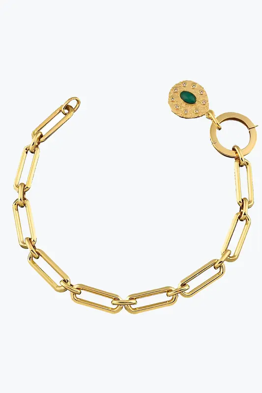 Oval Yeşil Taşlı Asimetrik Madalyon Uçlu Charm Bileklik