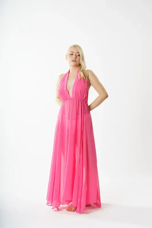 P5804 Sırt Dekolteli V Yaka Elbise Pareo - Pembe