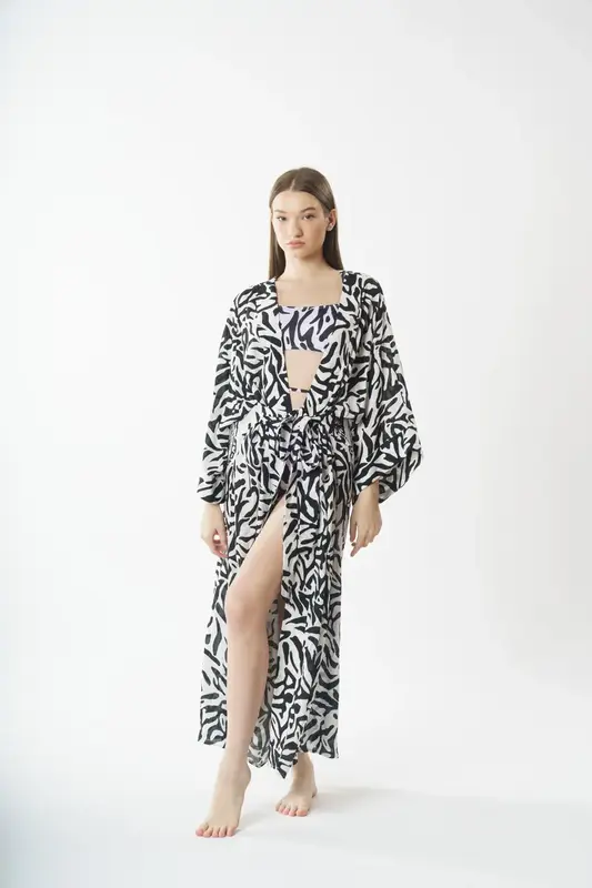 P5811 Uzun Kimono Pareo - Siyah