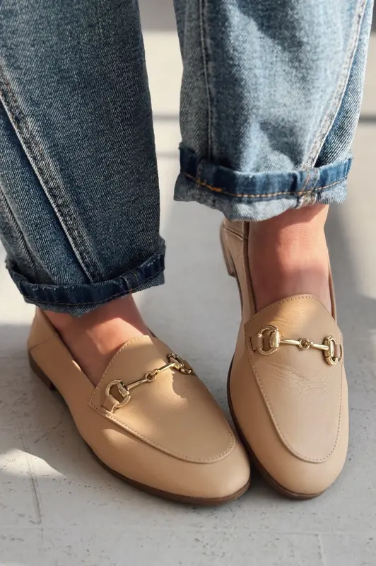 Palvora Krem Hakiki Deri Toka Detaylı Kadın Loafer
