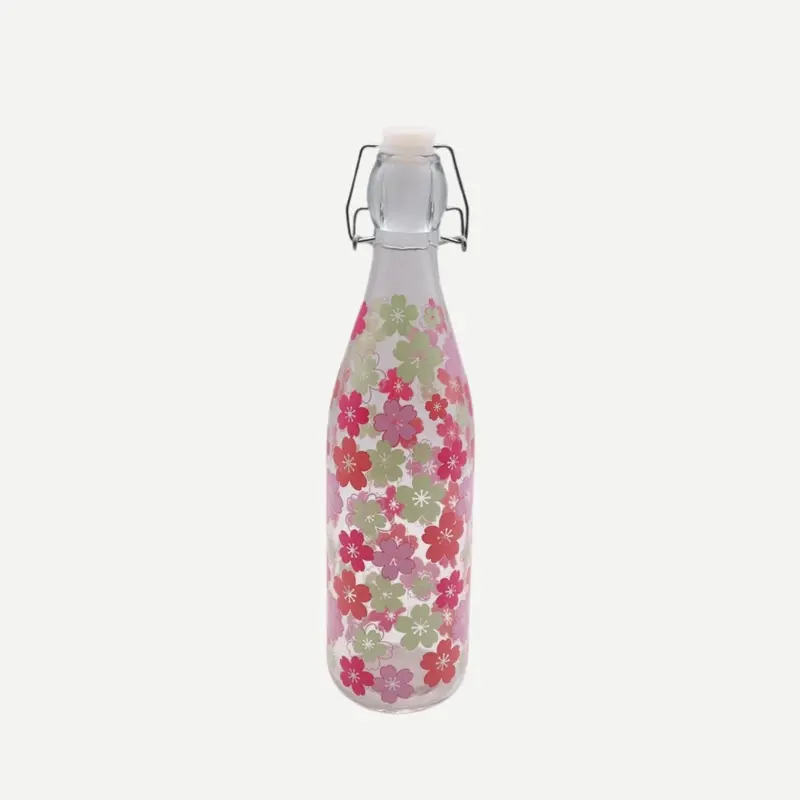 Pembe Çiçekli Cam Şişe 500 ml