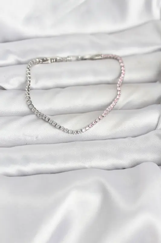 Pembe ve Beyaz Zirkon Taşlı Gümüş Renk Su Yolu Kadın Bileklik