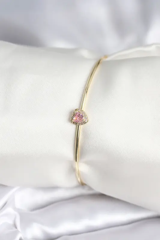 Pembe Zirkon Taşlı Kalp Model Gold Renk Kadın Bileklik