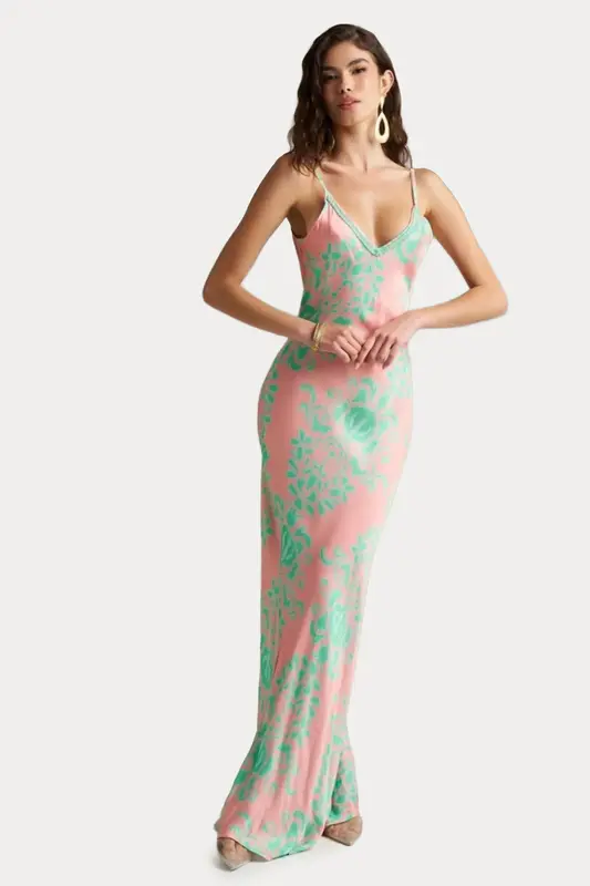 Pho Firenze Slim Fit Jakar Çiçek Desenli Maxi Elbise