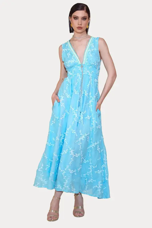 Pho Firenze V Yaka Nakış Desenli Maxi Elbise