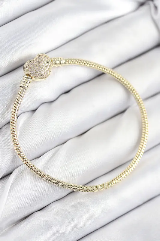 Pirinç Charm Zirkon Taşlı Kalp Model Gold Renk Kadın Bileklik