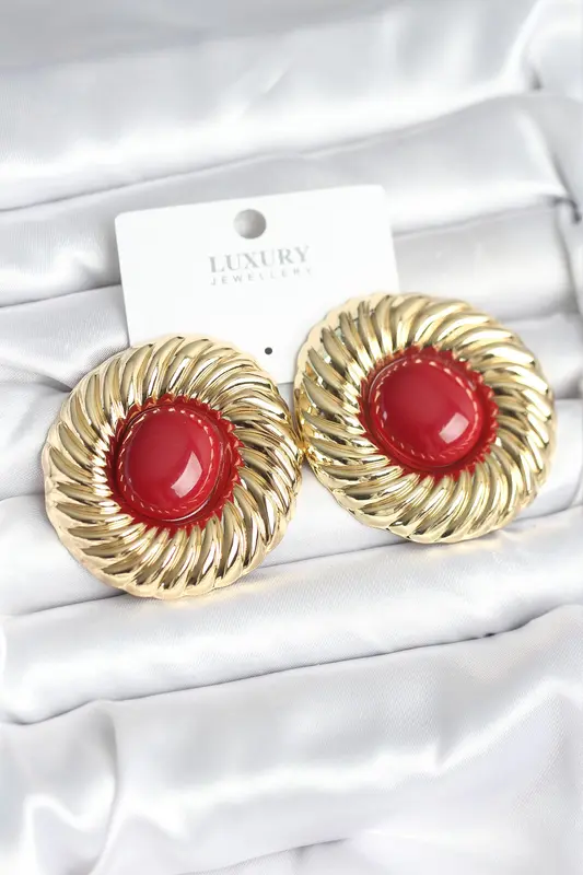 Pirinç Gold Renk Bordo Boncuklu Vintage Kadın Küpe