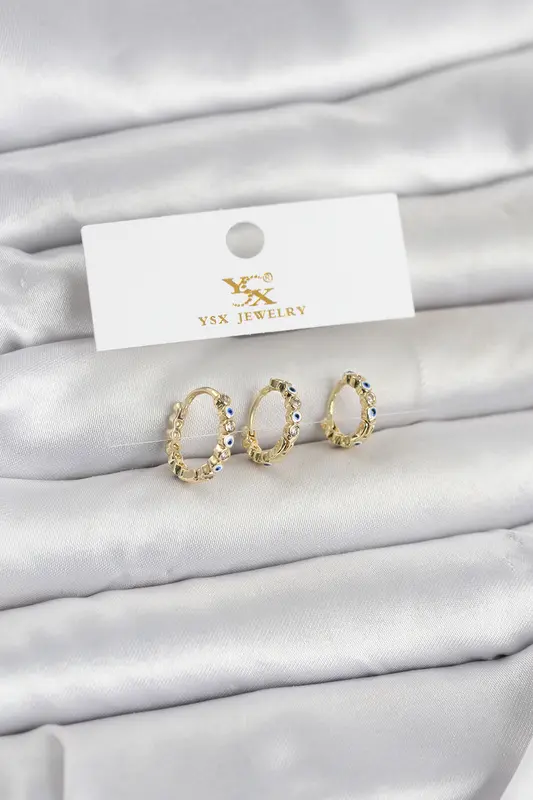 Pirinç Gold Renk Nazarlı Model 3'lü Kadın Küpe