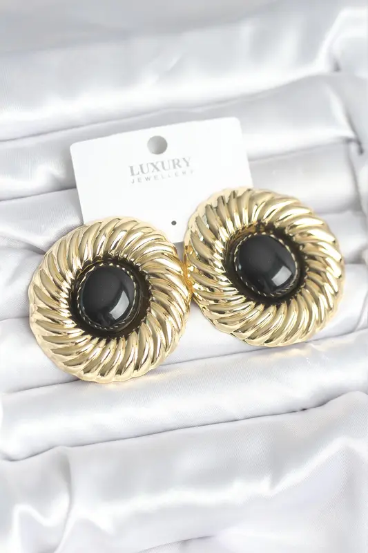 Pirinç Gold Renk Siyah Boncuklu Vintage Kadın Küpe