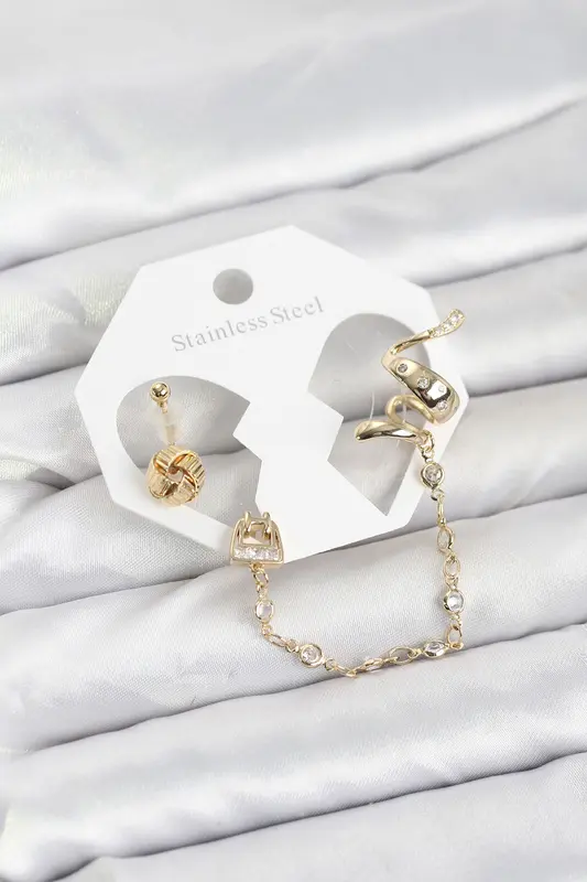 Pirinç Gold Renk Yılan Model Zincir Bağlantılı Ear Cuff Küpe Seti