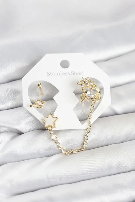 Pirinç Gold Renk Yıldız Model Zincir Bağlantılı Ear Cuff Küpe Seti