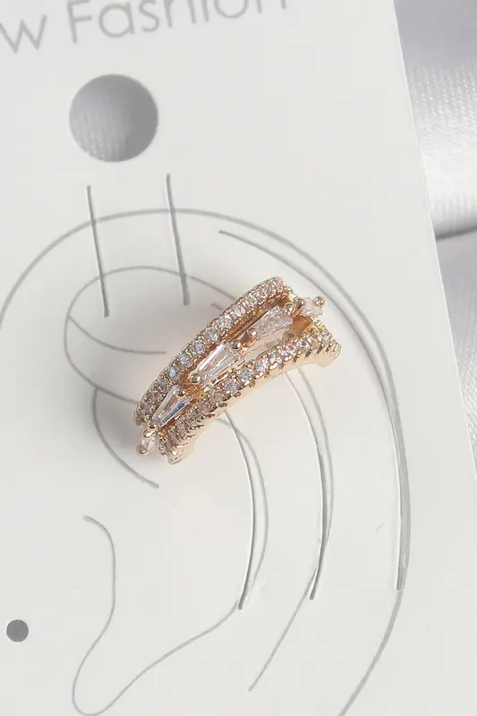 Pirinç Gold Renk Zirkon Taşlı 3'Lü Sıralı Model Kadın Kıkırdak Küpe