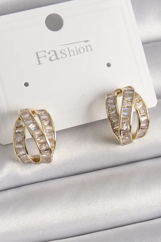 Pirinç Gold Renk Zirkon Taşlı Düğüm Halka Model Kadın Küpe