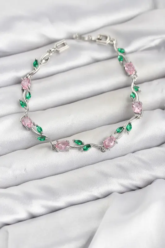 Pirinç Gümüş Renk Pembe Zirkon Taşlı Çiçek Model Kadın Bileklik