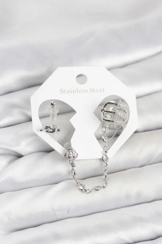 Pirinç Gümüş Renk Sarmal Model Zincir Bağlantılı Ear Cuff Küpe Seti