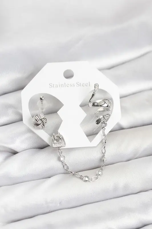 Pirinç Gümüş Renk Yılan Model Zincir Bağlantılı Ear Cuff Küpe Seti