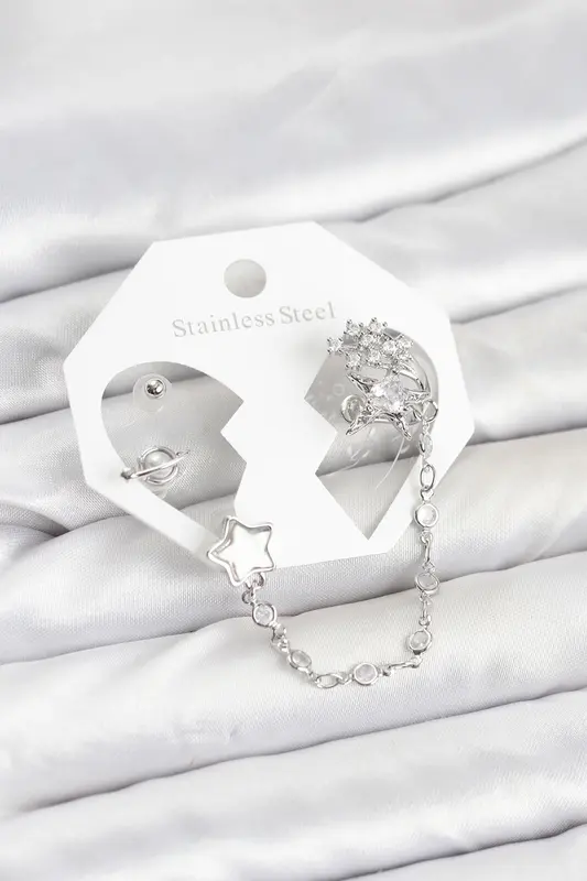 Pirinç Gümüş Renk Yıldız Model Zincir Bağlantılı Ear Cuff Küpe Seti