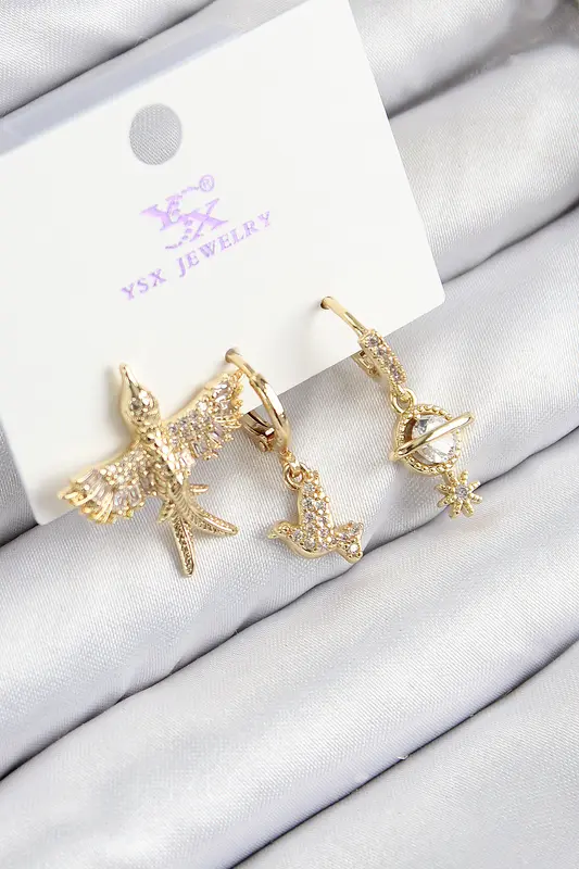 Pirinç Zirkon Taşlı 3'lü Kuş Model Gold Renk Kadın Küpe