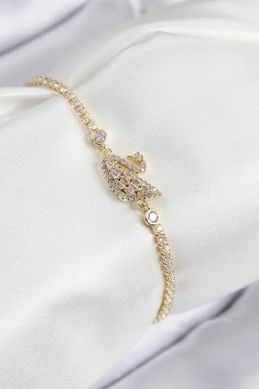 Pirinç Zirkon Taşlı Kuğu Model Gold Renk Kadın Bileklik