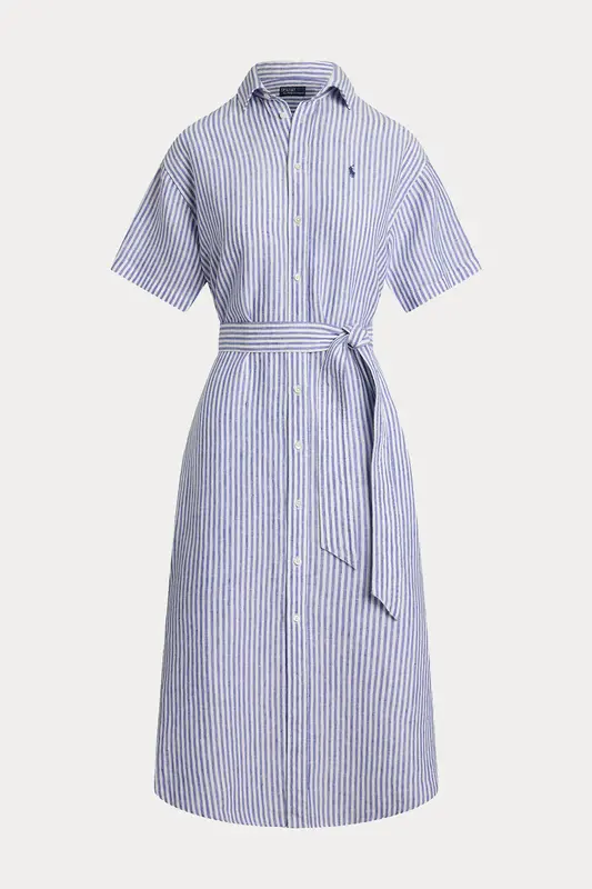 Polo Ralph Lauren Çizgili Kemerli Midi Keten Elbise