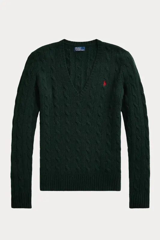 Polo Ralph Lauren Kaşmirli Slim Fit V Yaka Saç Örgü Yün Triko