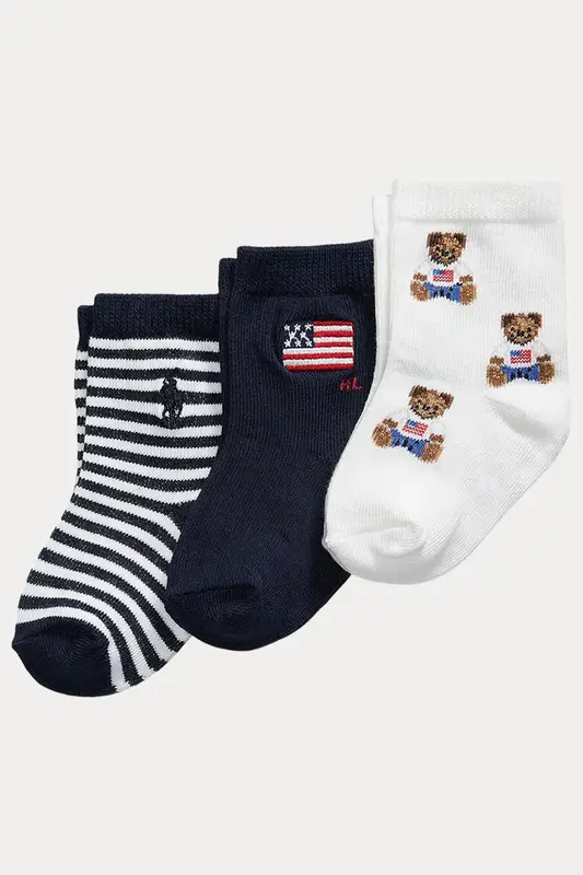 Polo Ralph Lauren Kids 6-12 Aylık Unisex Bebek 3'lü Paket Polo Bear Çorap