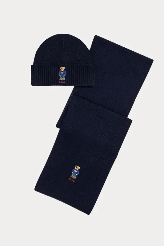 Polo Ralph Lauren Unisex Polo Bear Örgü Yün Bere ve Atkı Seti